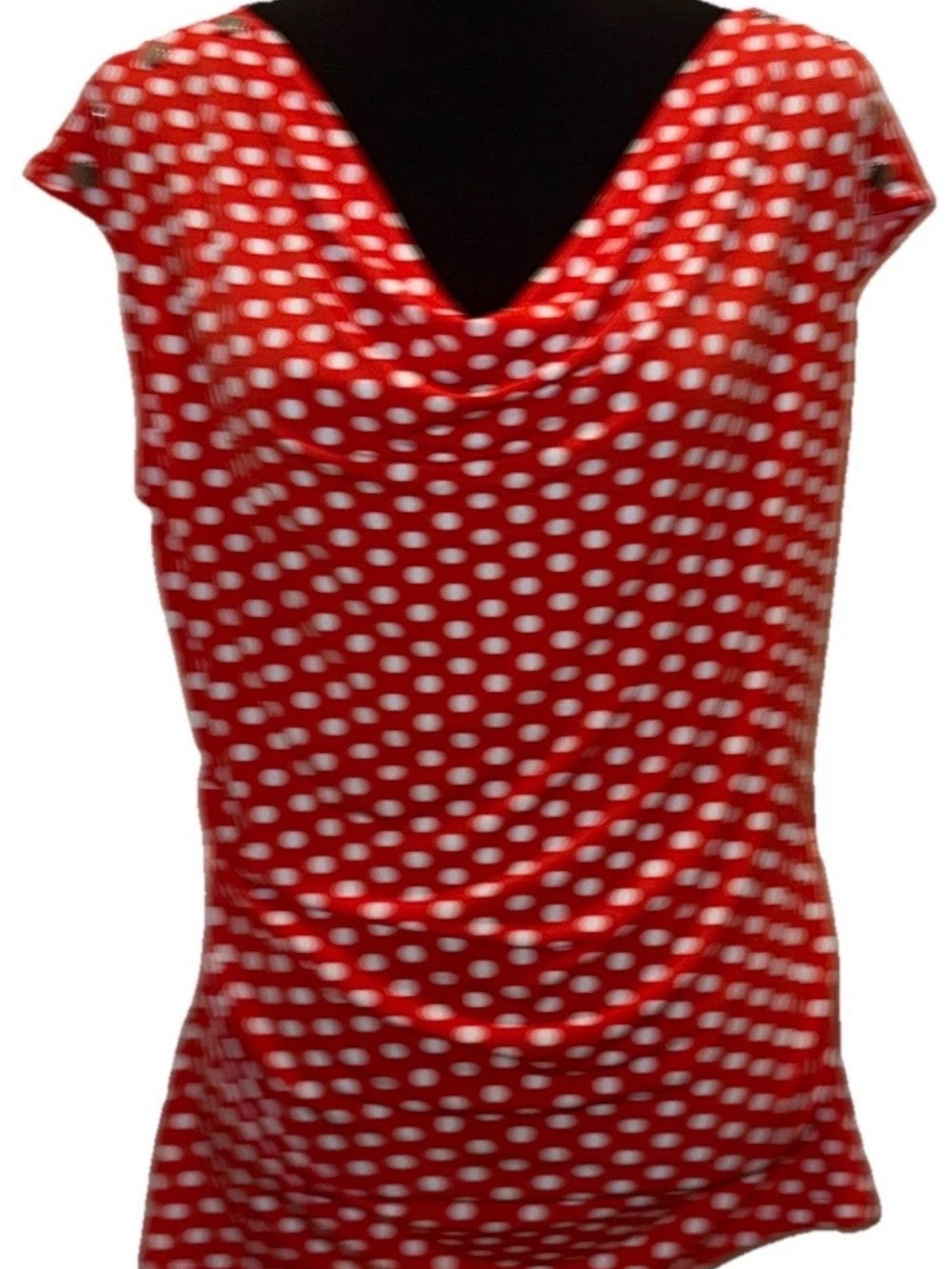Tahari Women's Orange/White Short Sleeve Polka Dot Blouse, Button Accents, Large
